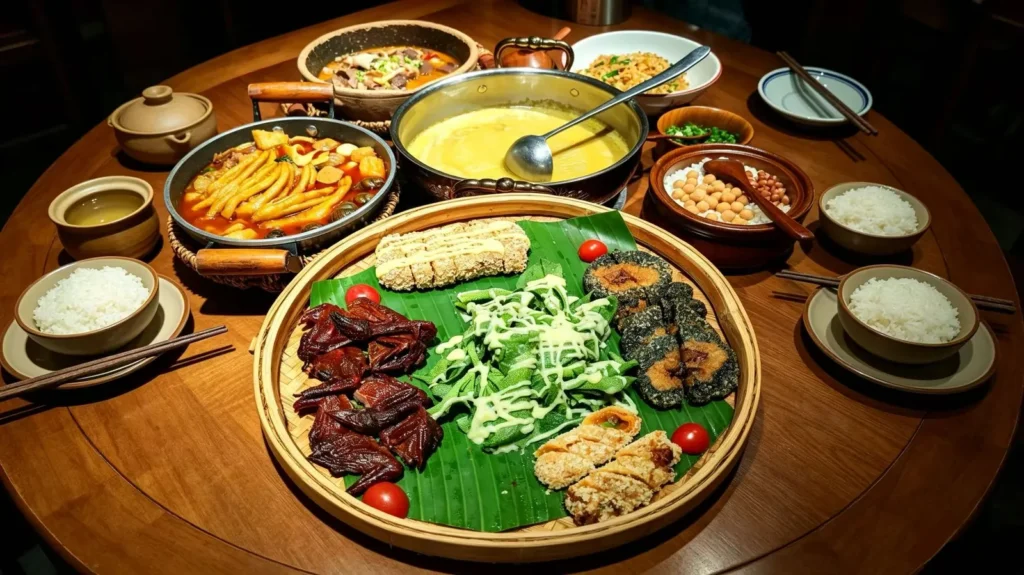Traditional Guilin dishes served on a banana leaf tray